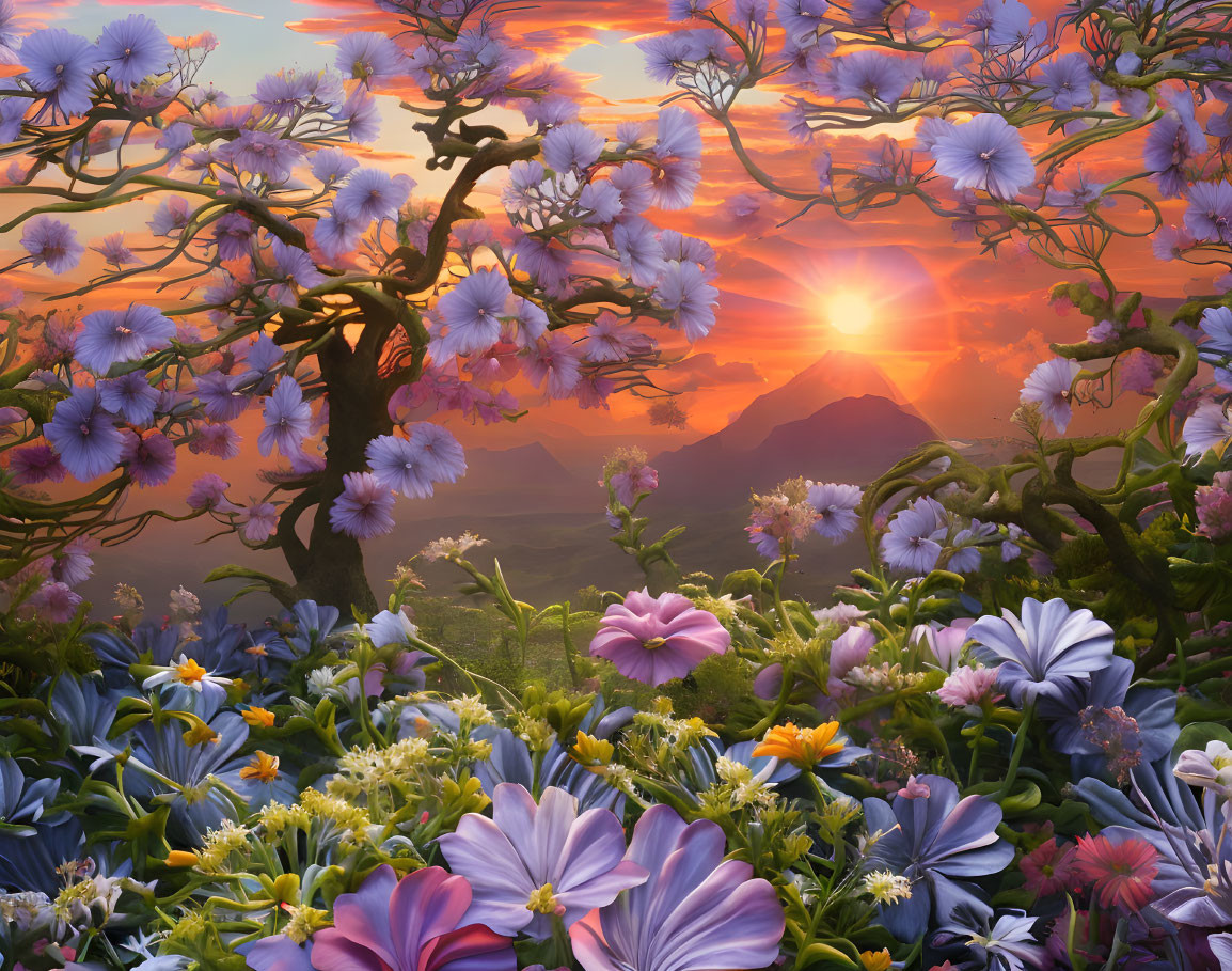 Colorful sunset over mountain range with blooming tree and lush flowers