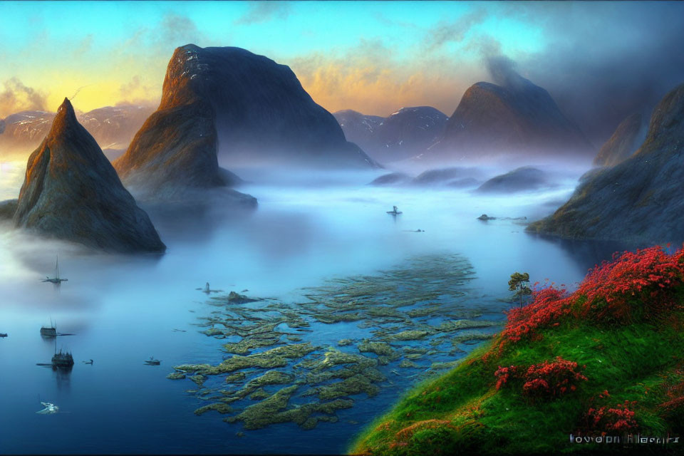 Misty Waters Landscape with Boat, Red Foliage, and Sunrise Glow