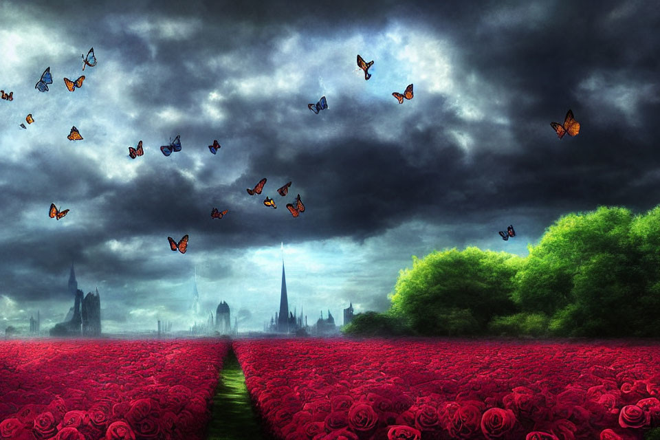 Scenic path through red roses with butterflies and gothic architecture.