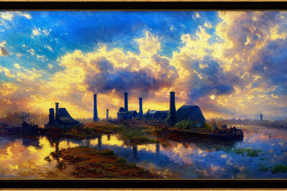 Industrial Smokestacks Painting at Sunrise or Sunset Reflecting on Water