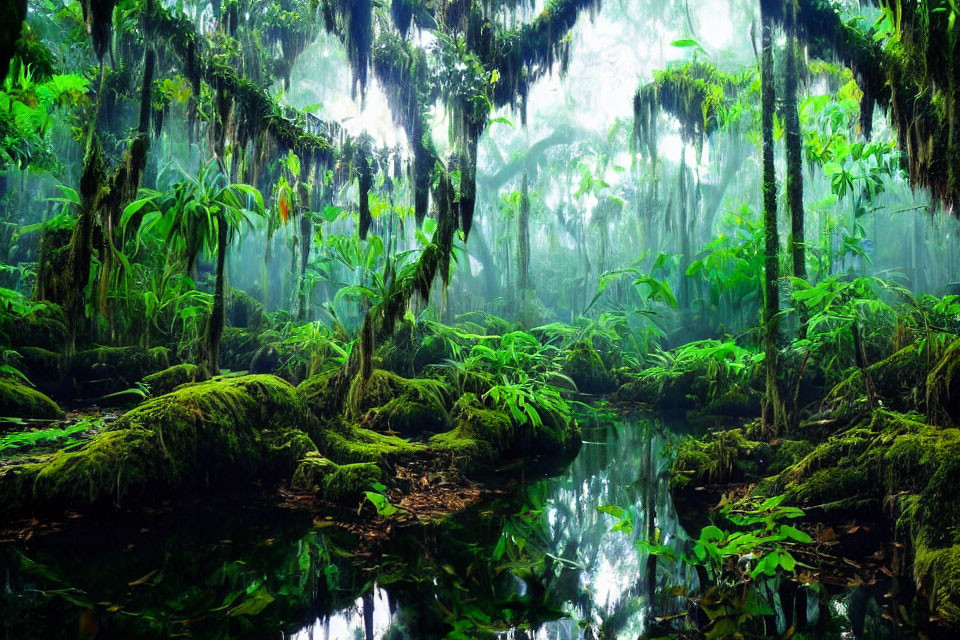 Serene water body in lush green rainforest