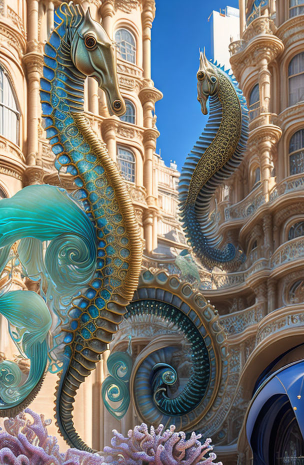 Ornate seahorse sculptures in front of classical building