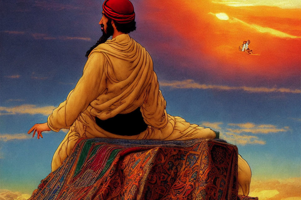 Bearded man in traditional attire gazes at sunset with horse rider in the distance