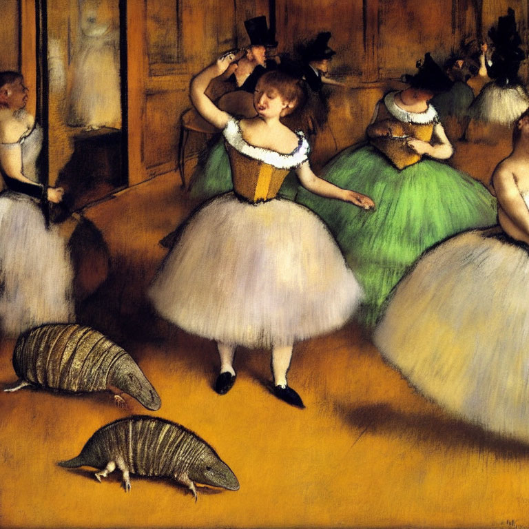 Dancers in White and Green Dresses with Armadillos in Room