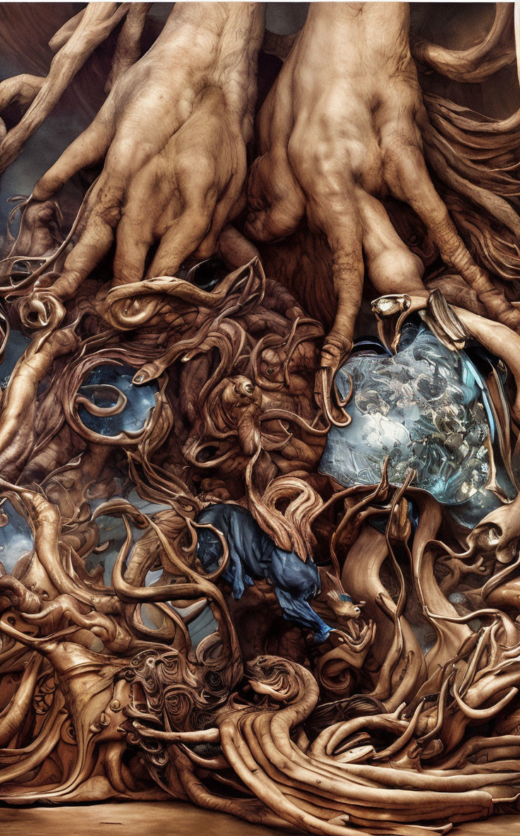 Detailed Artwork: Muscular Humanoid Forms Entwined with Roots and Branches, Figure Holds