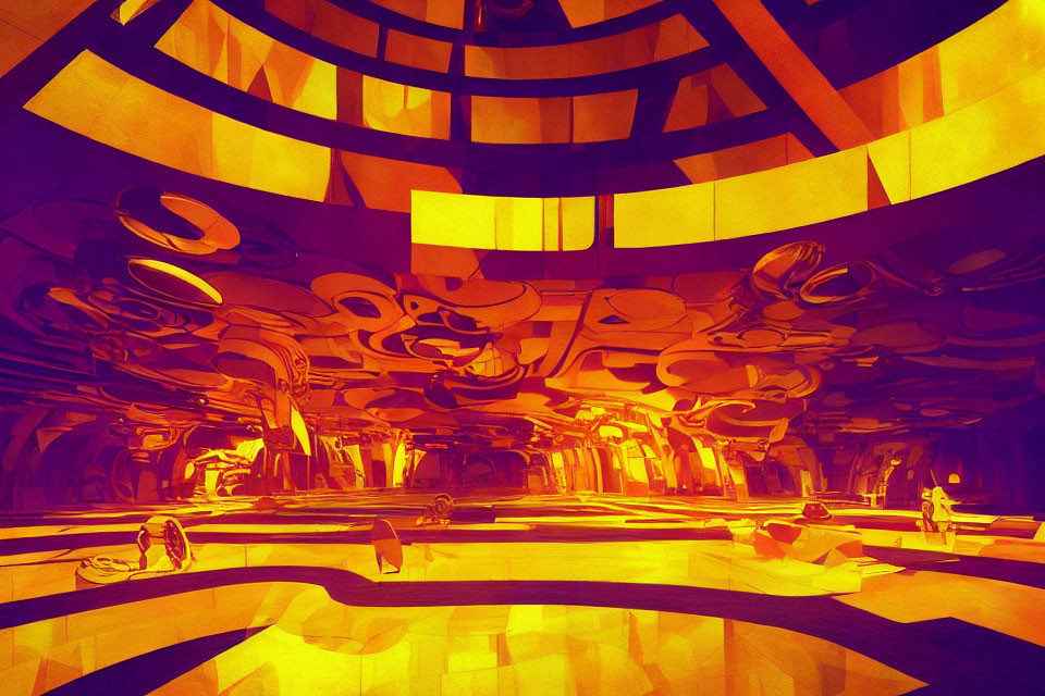 Futuristic cavernous space with curved, layered structures in yellow and orange tones