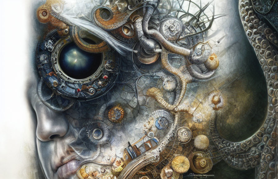 Surreal biomechanical portrait with human face and eyepiece