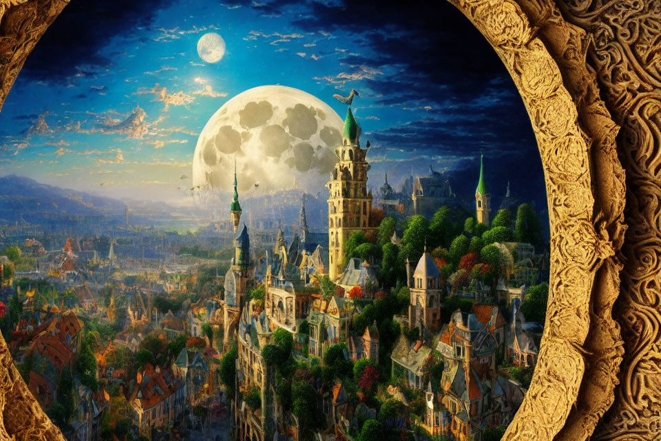 Fantastical cityscape in ornate frame with towers and spires under moonlit sky