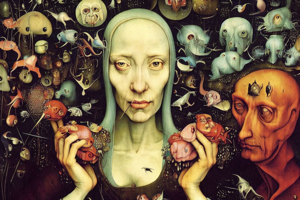 Surreal painting featuring human figures and fantastical creatures