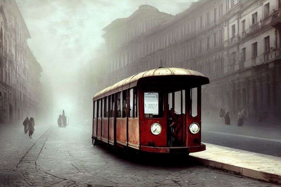 Vintage tram on misty old city streets with pedestrians - nostalgic scene