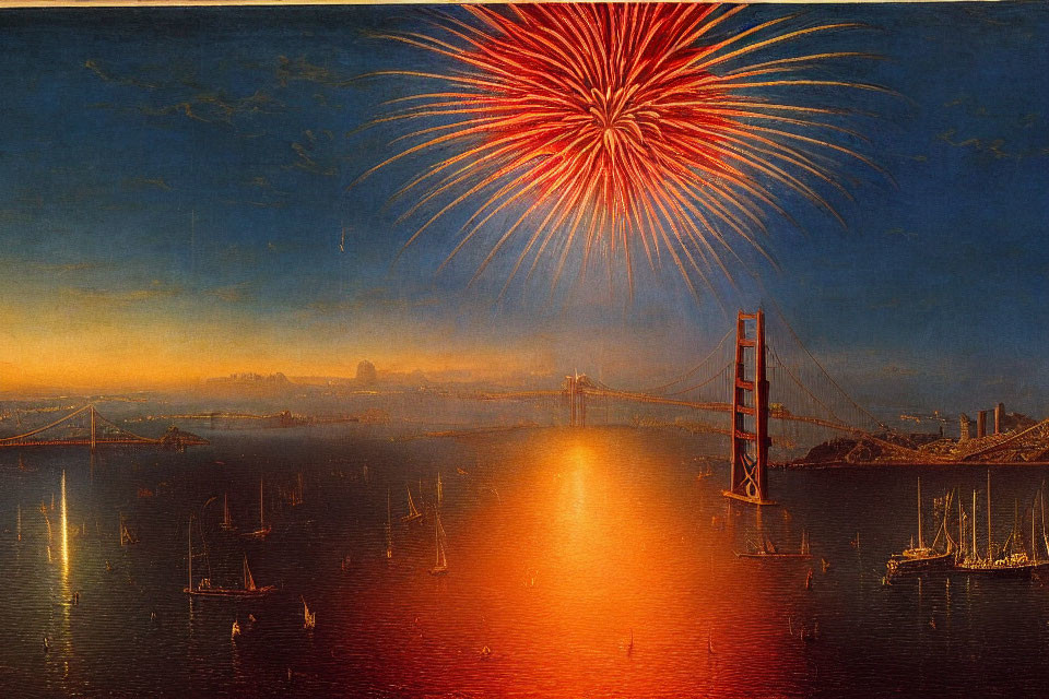 Colorful fireworks display above suspension bridge at dusk, reflecting on water with city skyline.