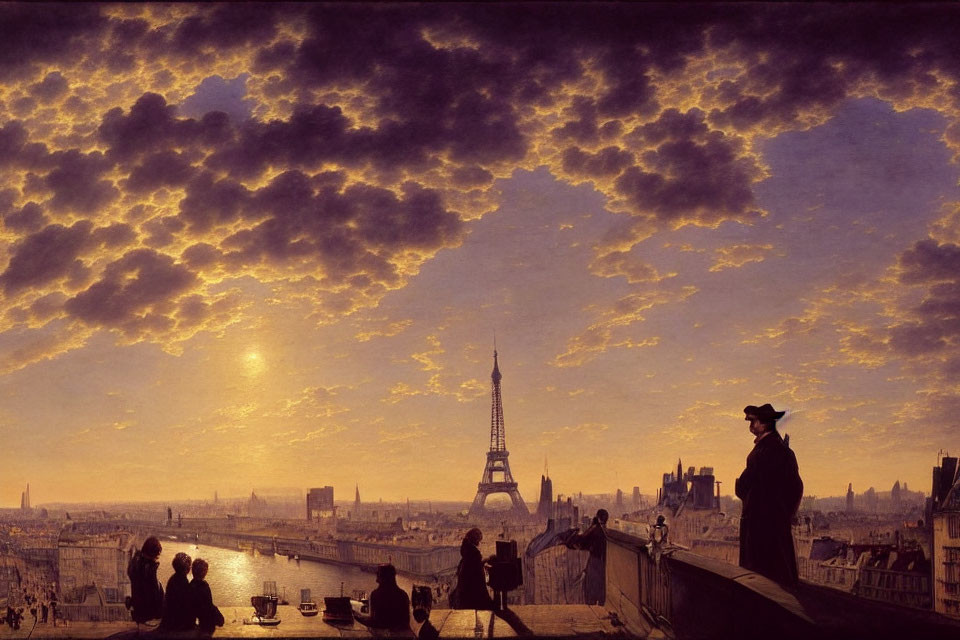 Sunset painting of Paris with Eiffel Tower and silhouetted figures