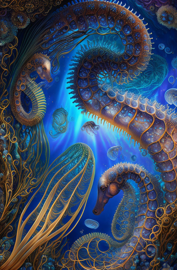Vibrant fantasy illustration of luminous sea creatures in deep blue setting