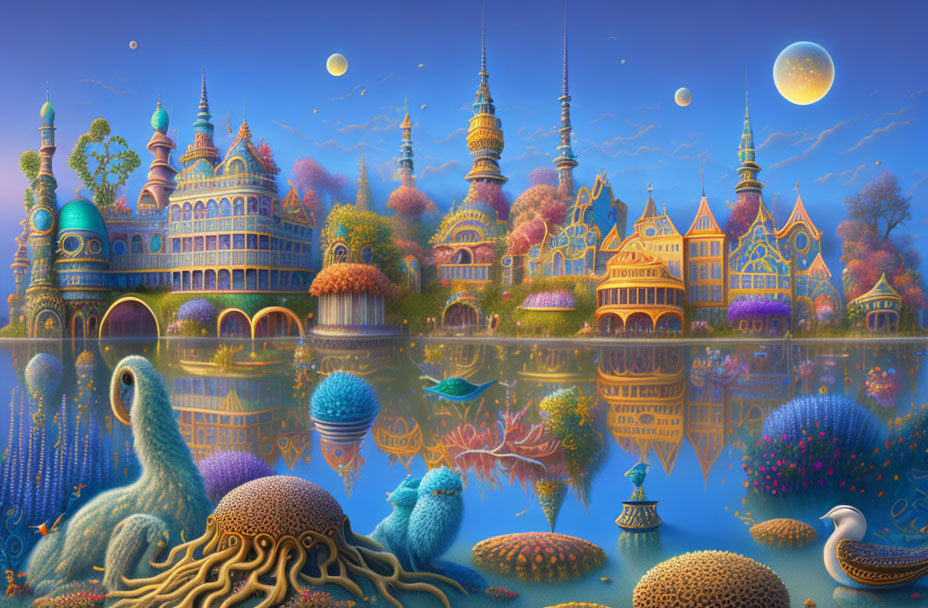 Colorful Fantasy Landscape with Whimsical Architecture and Serene Lake