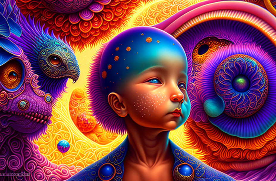 Colorful digital artwork: Child with starry bald head in psychedelic fantasy scene