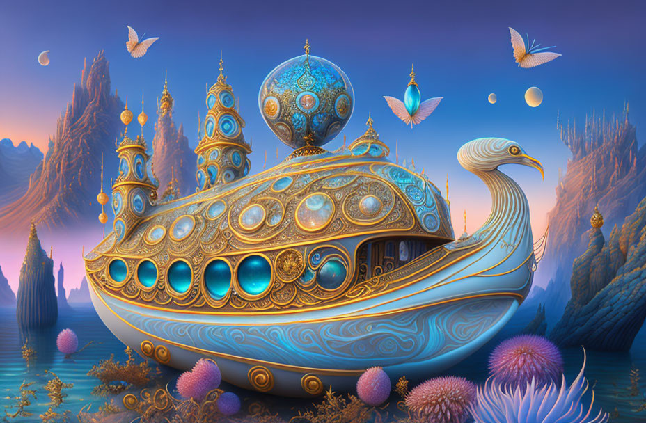 Fantastical ship with bird-like prow in surreal landscape with floating islands, ornate towers, and