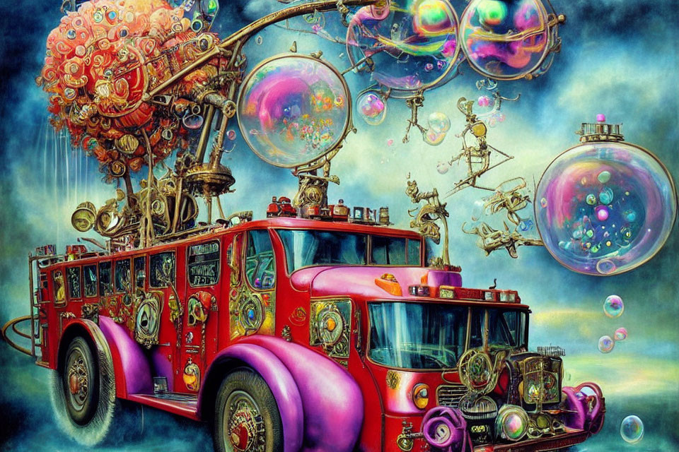 Red firetruck with intricate designs creating colorful bubbles in vibrant setting