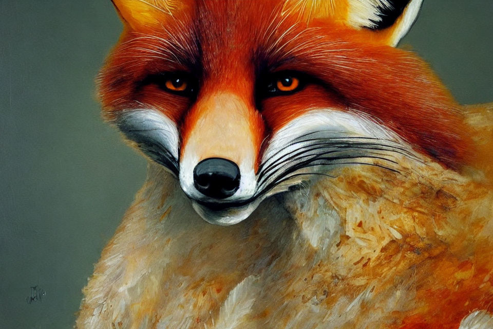 Detailed red fox painting with intense orange eyes on grey background