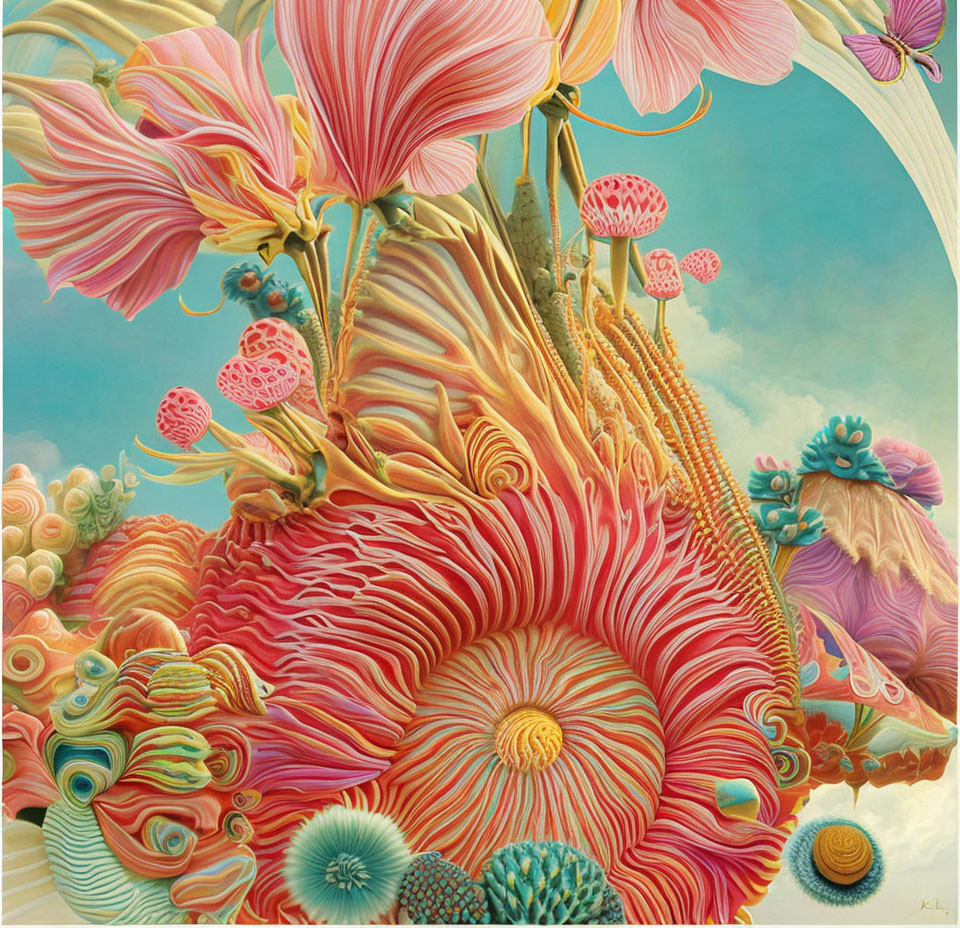 Surreal landscape with botanical elements and pastel colors