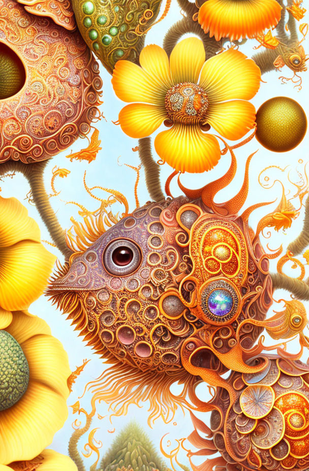 Intricate surreal artwork: ornate fish-like creatures, swirling patterns, and warm golden tones