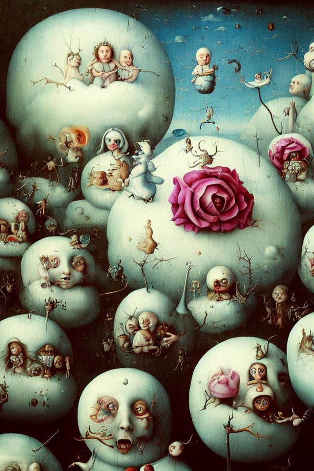 Surreal painting of expressive faces on bubble-like forms with roses and birds