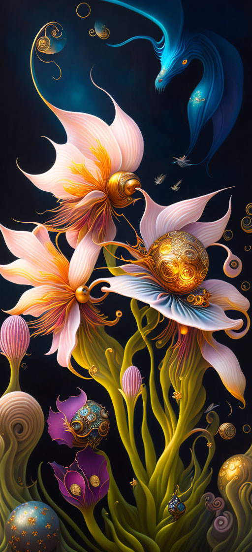 Colorful digital artwork of oversized flowers, golden filigree, orbs, and surreal fish creature