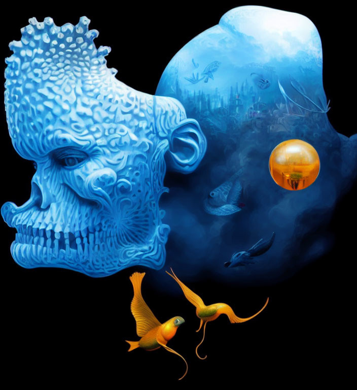 Surreal blue faces morph into underwater scene with fish and vibrant orange fish swimming.