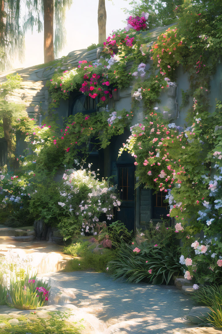 Tranquil garden path with blue door, lush greenery, and vibrant flowers