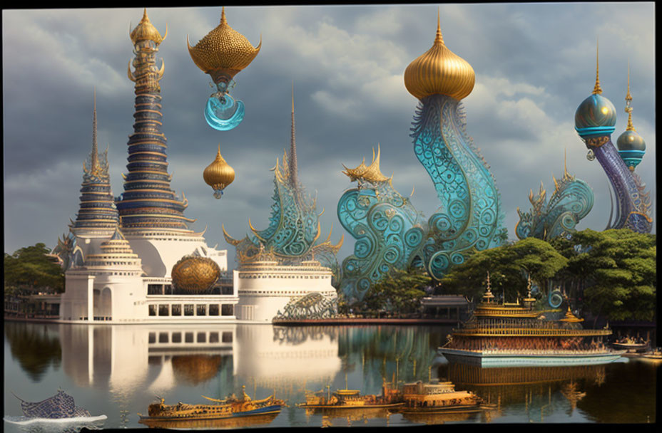 Ornate fantasy cityscape with towers, orbs, boats, and cloudy sky