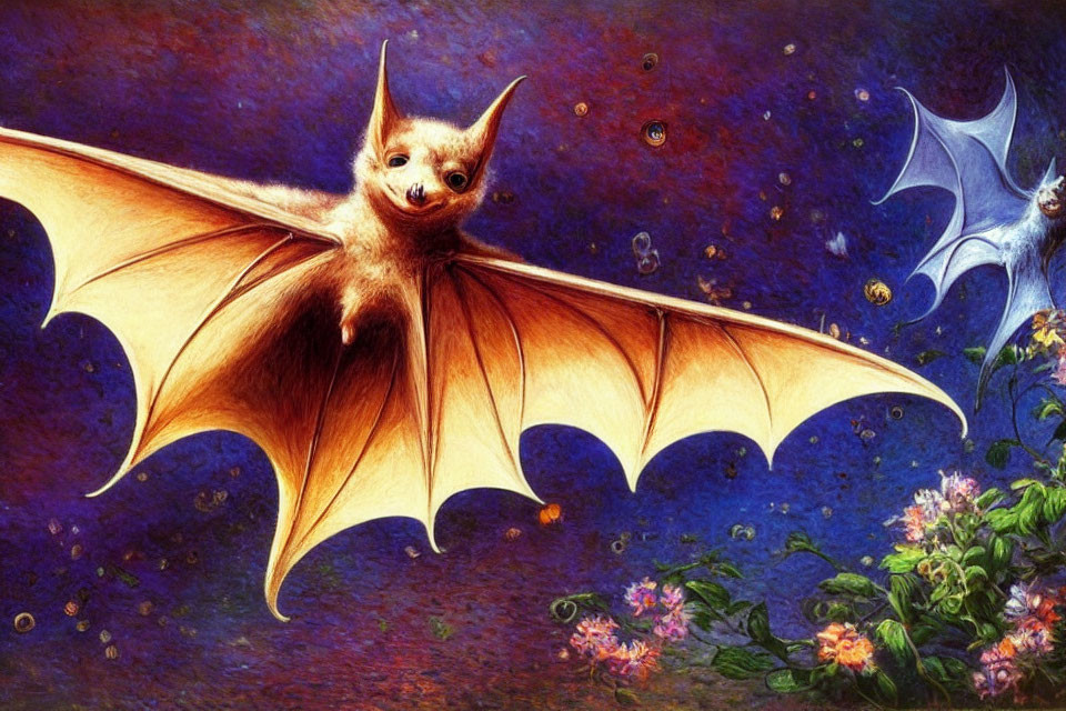 Colorful cute bat illustration with spread wings and flowers