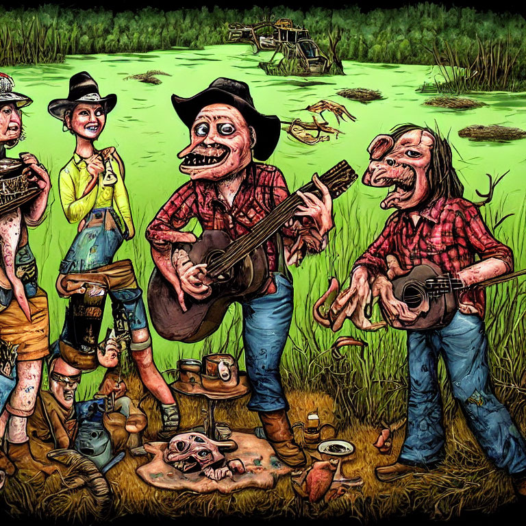 Cartoonish hillbilly characters playing instruments in swampy setting