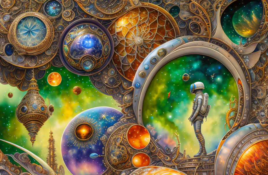 Astronaut observing vibrant cosmos through circular portal surrounded by mechanical and celestial motifs