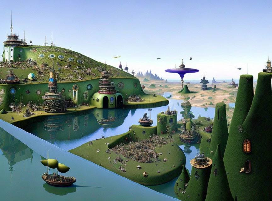 Futuristic landscape with green hills, water bodies, and flying saucers