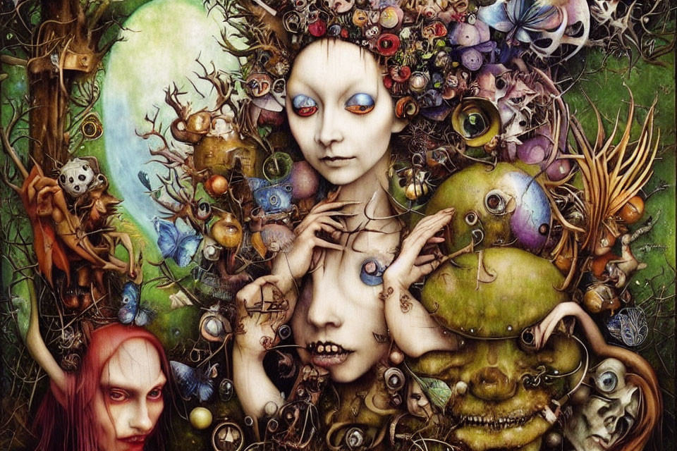 Surreal artwork with central figure, pale blue eyes, fantastical elements