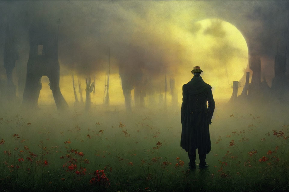 Misty forest scene with figure in hat and coat, red flowers, and glowing moon