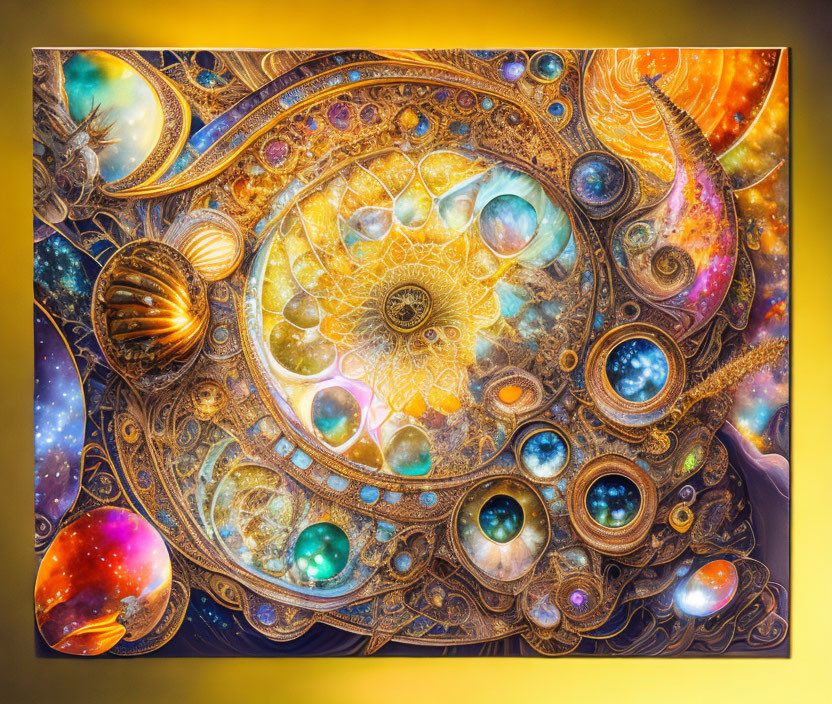 Colorful Fractal Art with Celestial Motifs and Cosmic Orbs