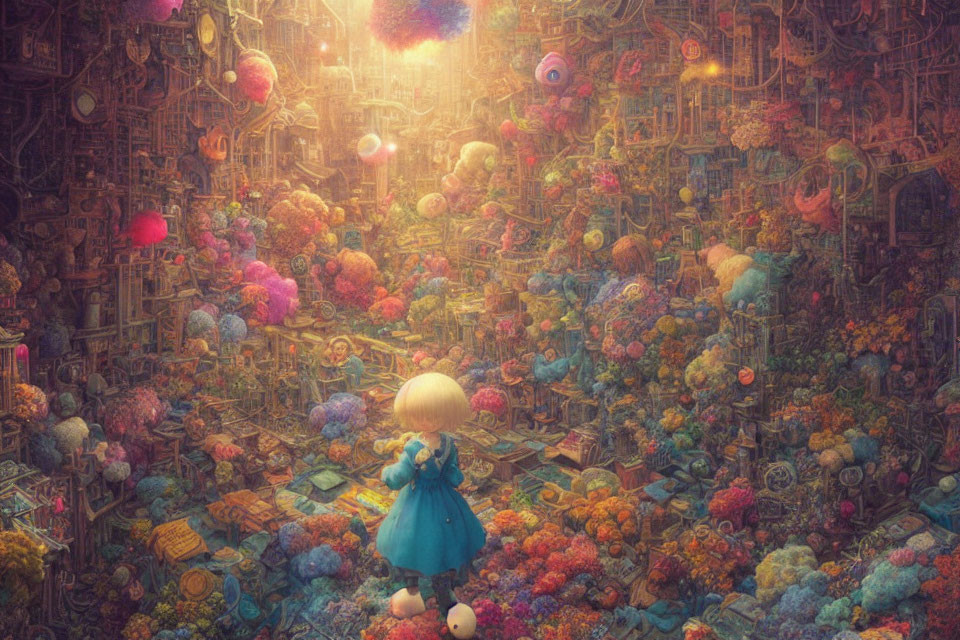 Child with toy in surreal colorful landscape with fantastical structures