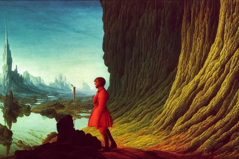 Person in red coat admires majestic landscape with cliffs and spires under green sky