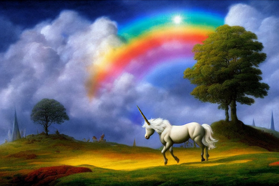 White unicorn with spiraled horn in vibrant, mythical landscape