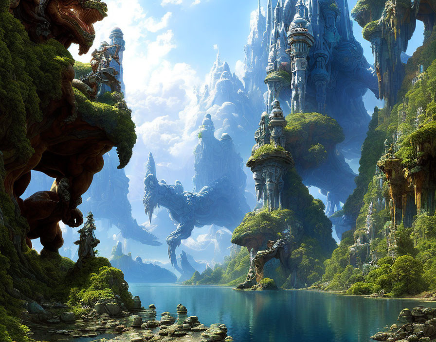 Mystical landscape with towering spires and serene lake