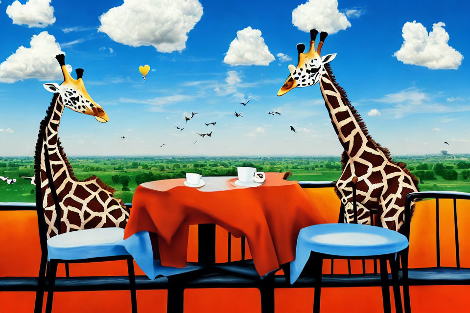 Giraffes at table with landscape view, birds, heart-shaped balloons