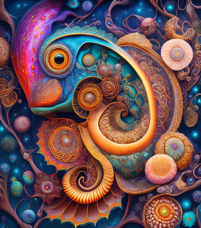 Colorful Psychedelic Chameleon Artwork with Spiral Patterns