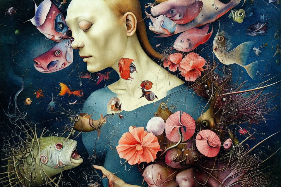 Surreal woman's face merges with aquatic scene filled with colorful fish and coral elements