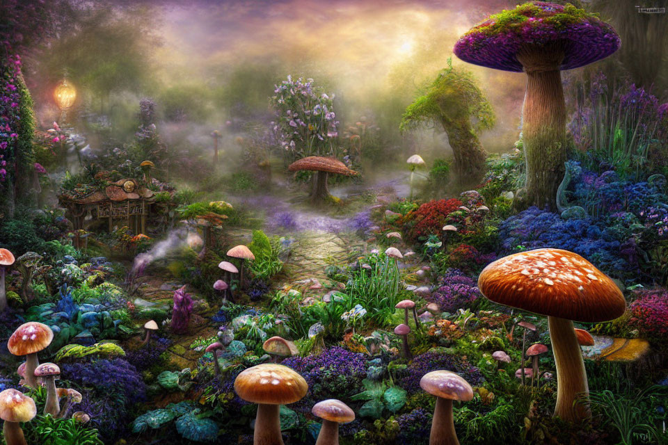 Enchanting forest scene with oversized mushrooms, cobblestone path, vibrant plants, fog, and