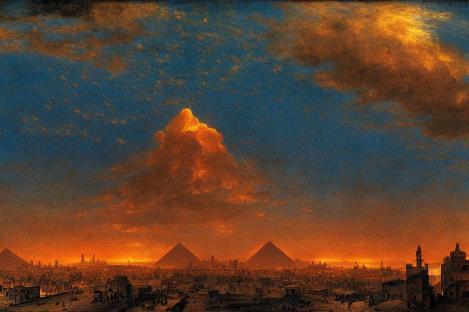 Vivid painting of Cairo skyline with pyramids against colorful sky