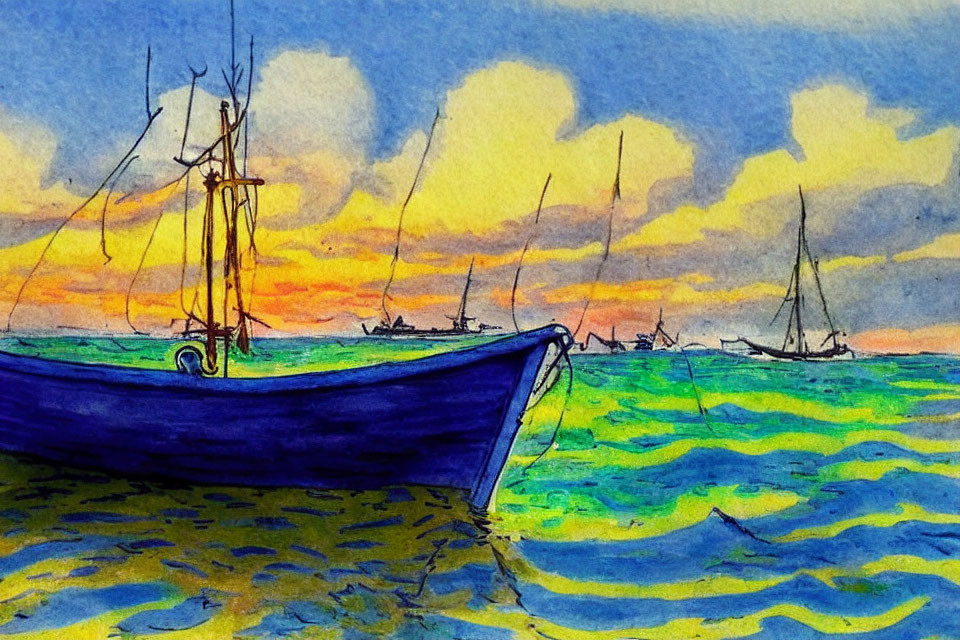 Vibrant watercolor painting of blue boat on choppy waters at sunset