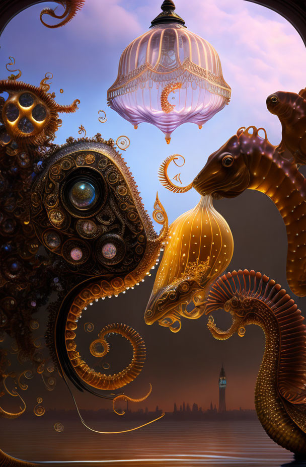 Steampunk-inspired image of mechanical sea creatures under lantern, city skyline at twilight