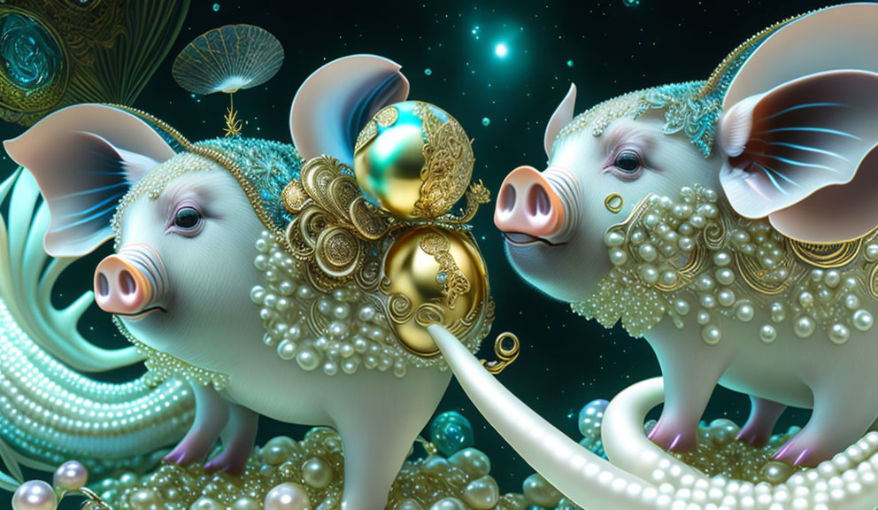 Ornate Fantastical Pigs with Pearls and Gold on Cosmic Background