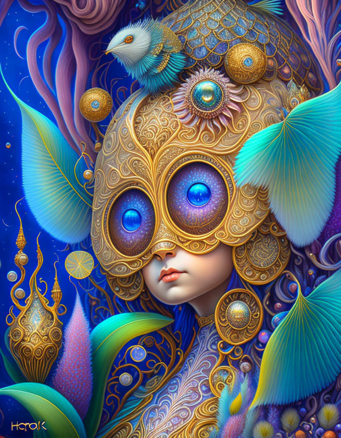 Whimsical character with owl-like eyes surrounded by intricate patterns and butterflies