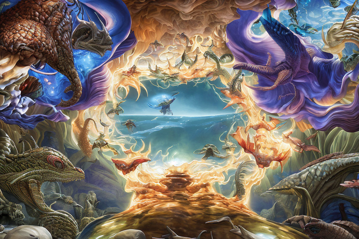 Fantastical underwater scene with mythical creatures and divers in whirlpool of fire and water